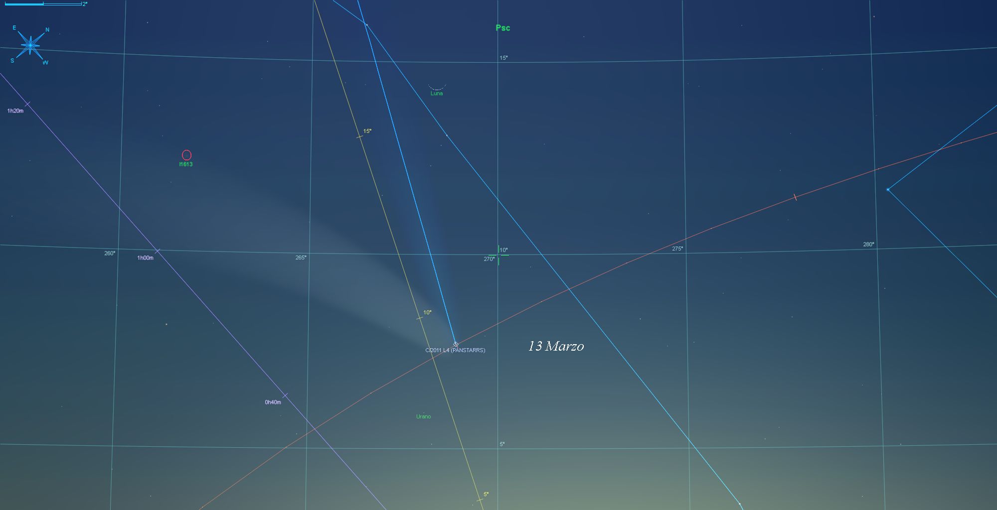 13 Marzo 2013: allineamento tra la cometa e la falce di Luna crescente la sera del 13 marzo